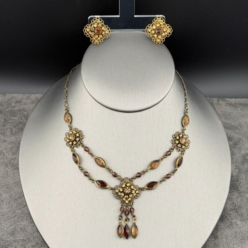 Vintage Avon Necklace & Earrings Set Victorian Revival Brown Rhinestones Metal